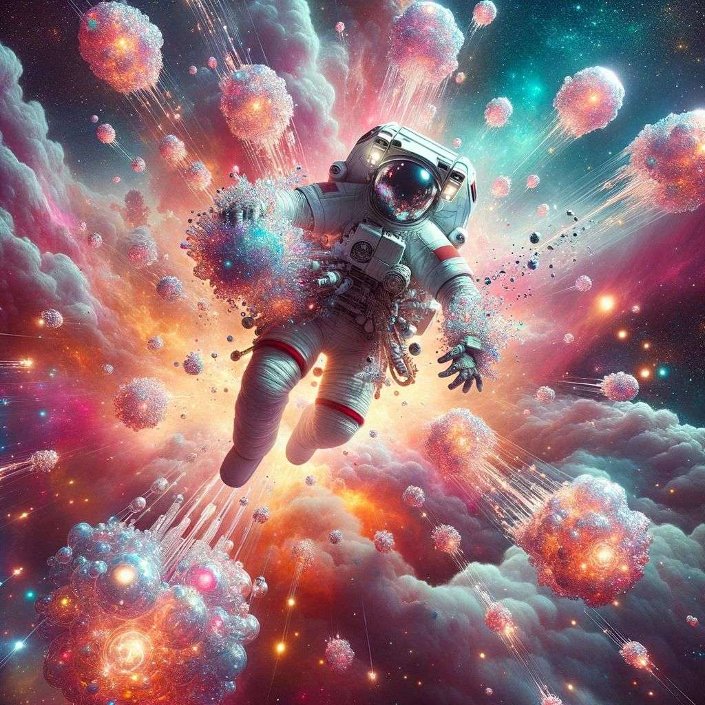 an astronaut, covered in exploding crystals